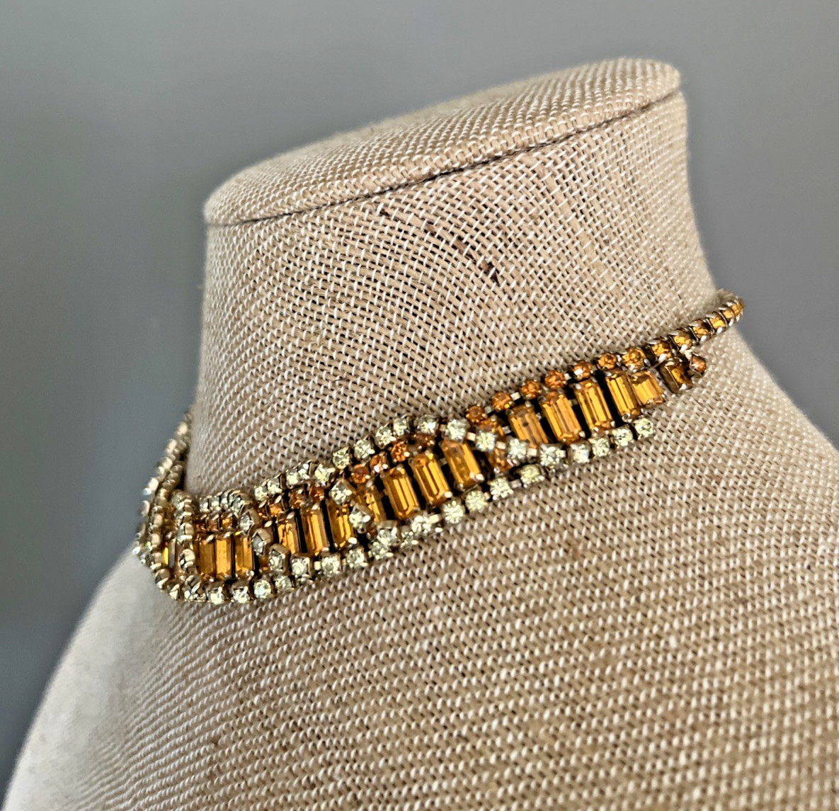 VTG. KRAMER N.Y. PARURE TOPAZ & CLEAR RHINESTONE NECKLACE BRACELET EARRING SET
