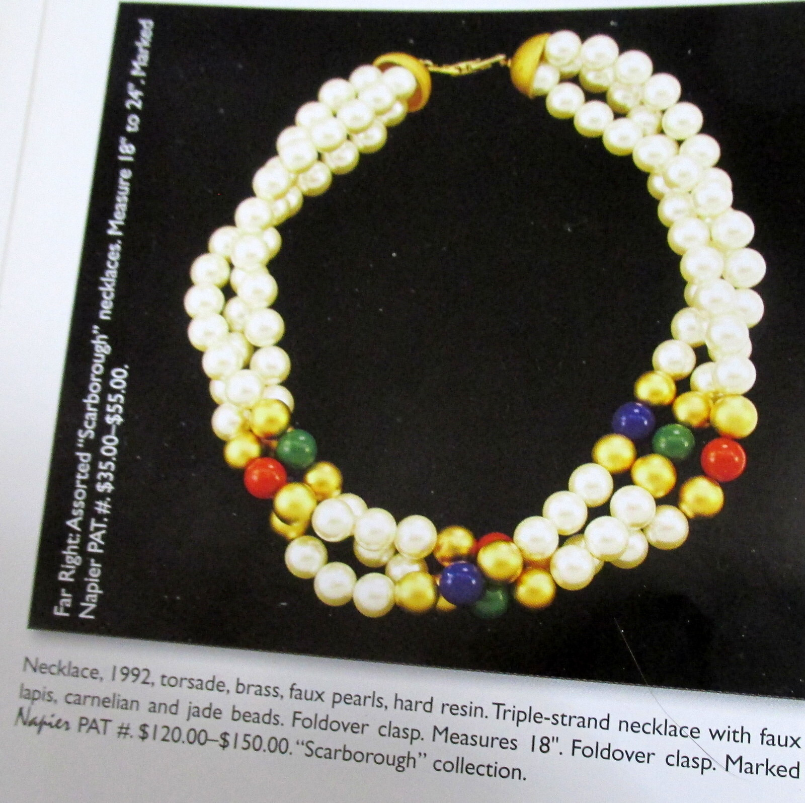 VTG RUNWAY BOOK PIECE NAPIER 3 STRAND FAUX PEARL/BEAD NECKLACE GP “Scarborough”