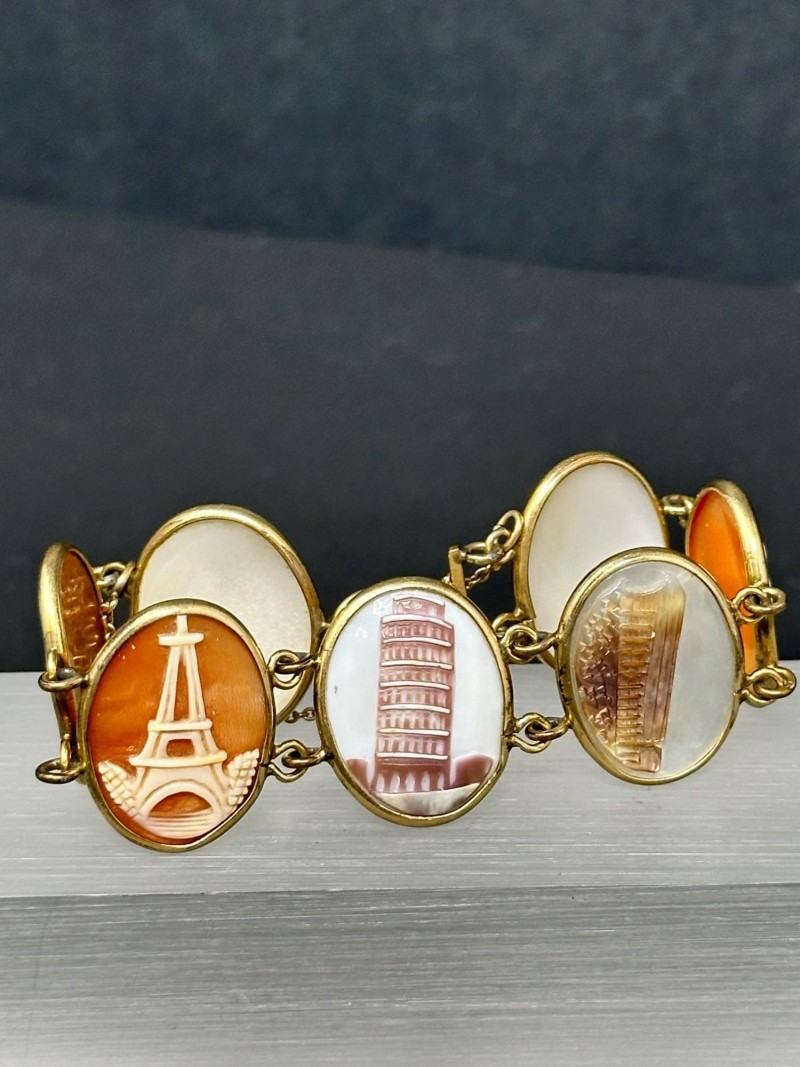 Vintage 12kt Gold Filled Grand Tour of Europe Carved Cameo Plaque Bracelet 7 1/2