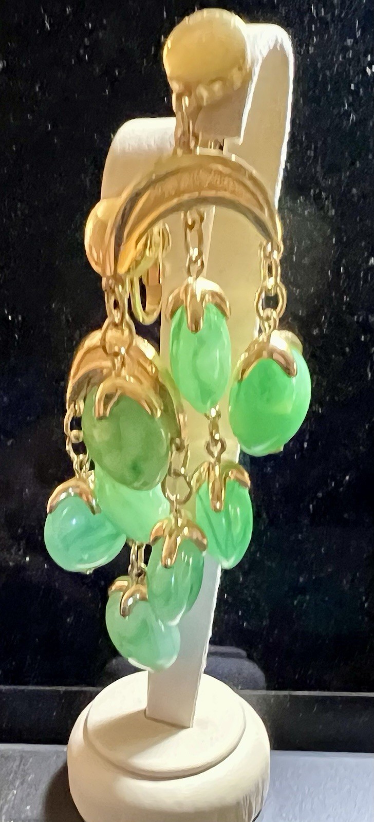 Vintage Crown Trifari Waterfall Faux Jade Lucite Gold Tone Dangle Clip Earrings