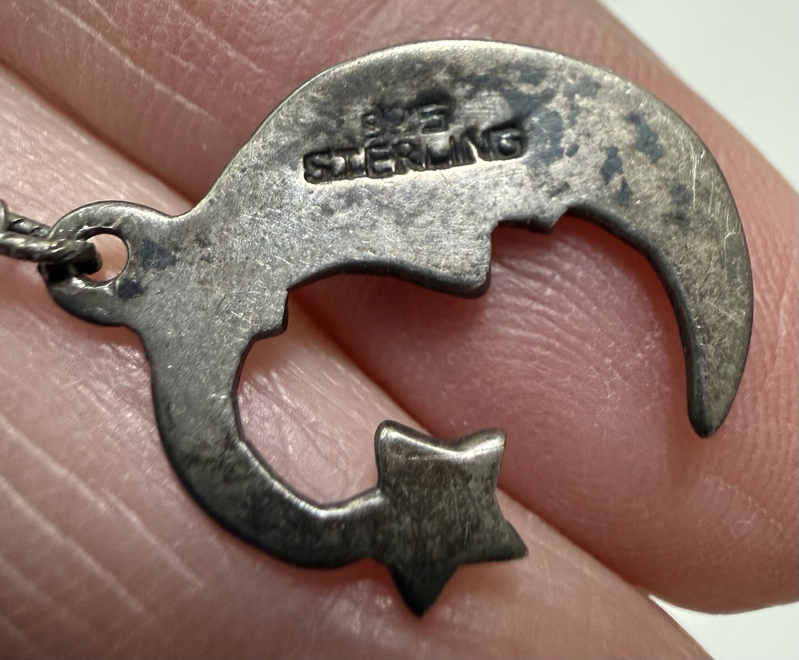 Vintage Celestial Sterling Silver Crescent Moon Face in Wizard Star Hat Necklace