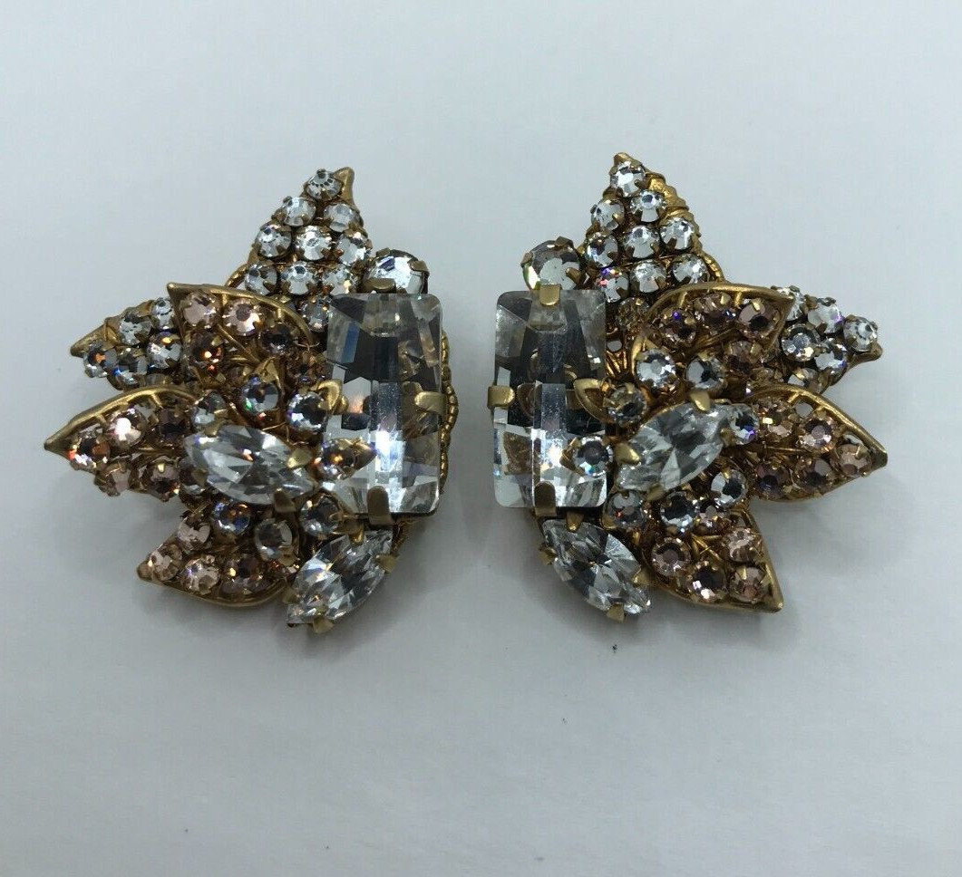 Vintage Rhinestone Clip-On Earrings Gold Tone Unknown Designer Signed