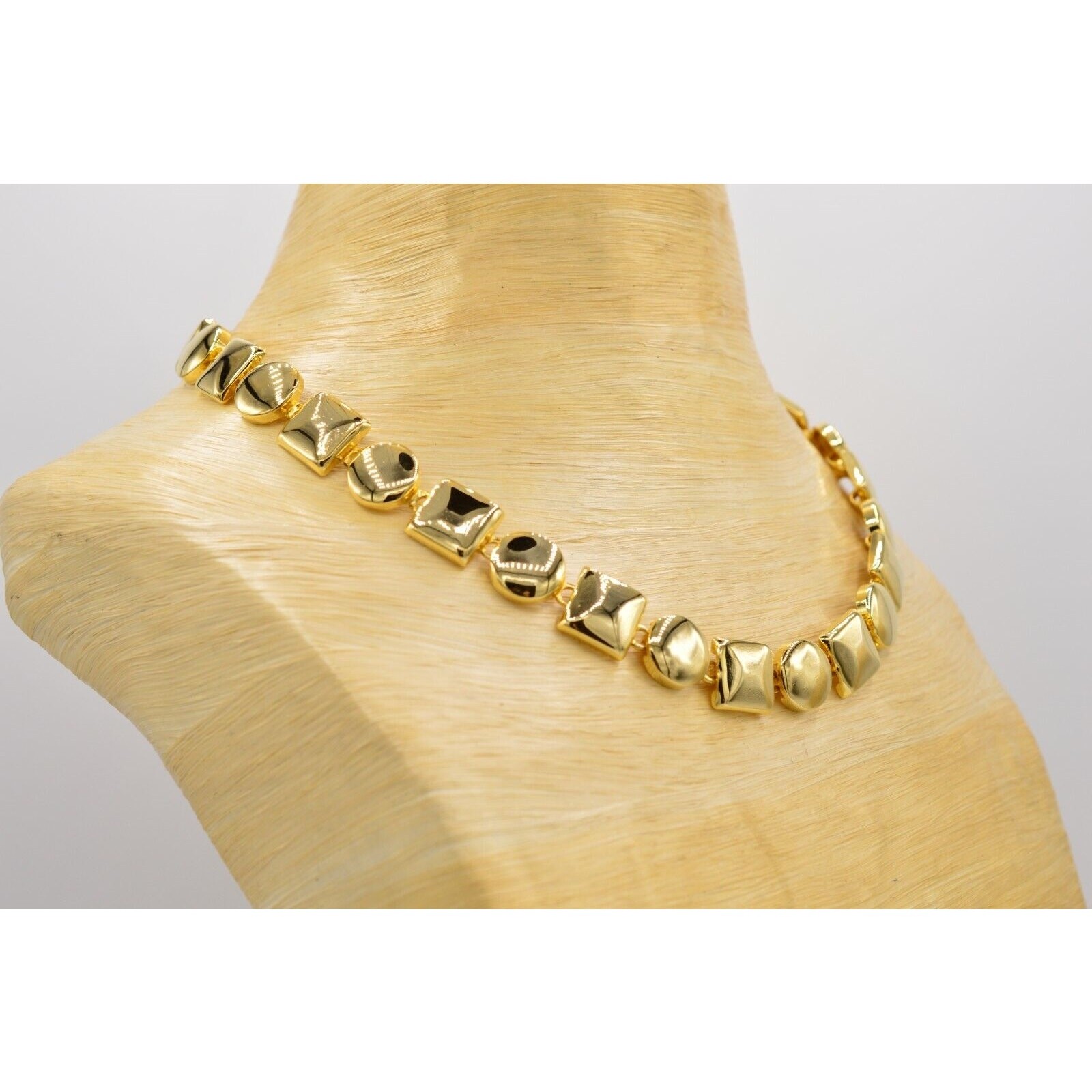 Vintage Chunky Geometric Collar Statement Necklace Shiny Gold Linked 1980s BinN