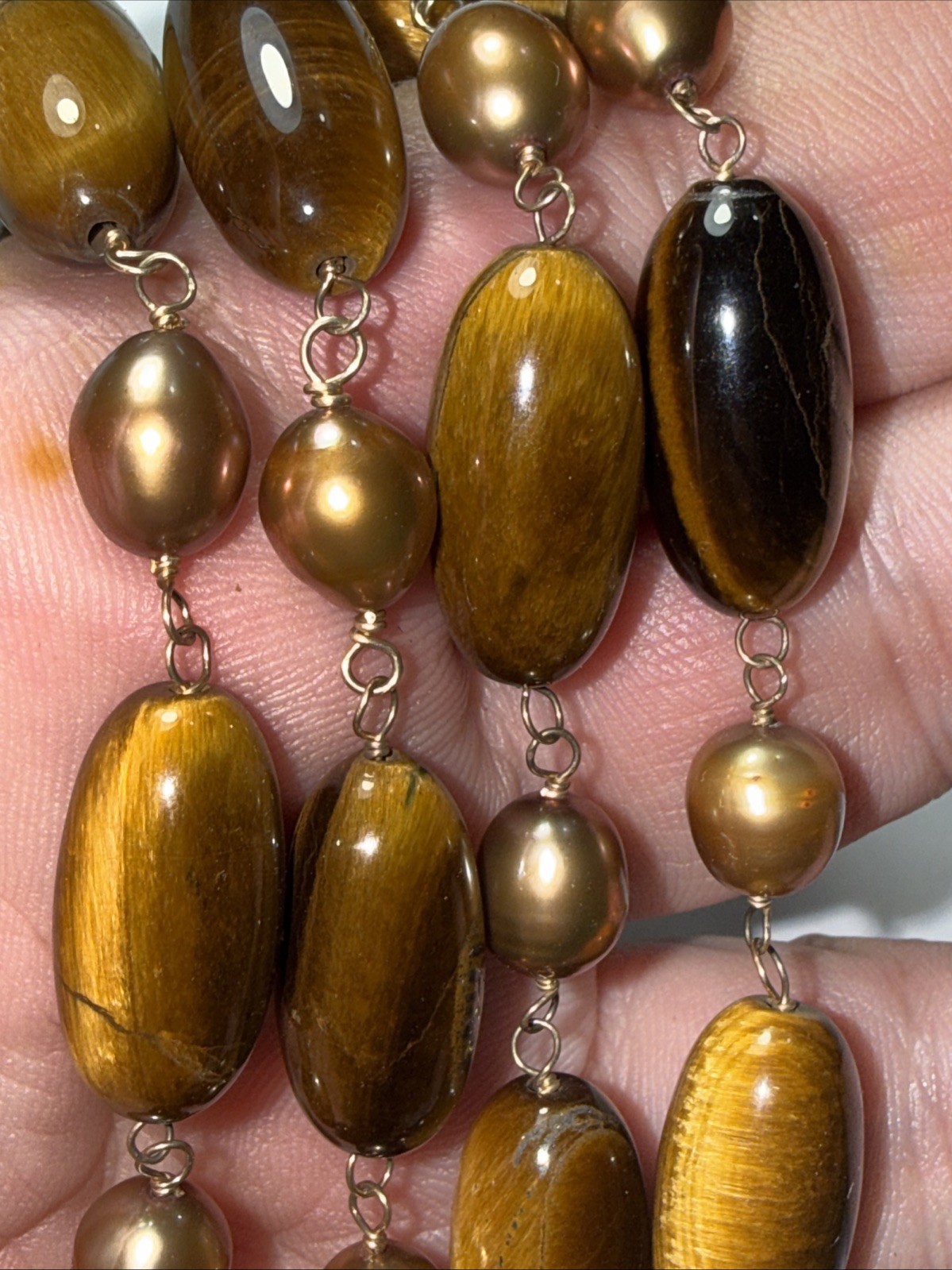 Necklace 2 Strand Tiger’s Eye Cultured Pearl Vermeil Toggle Clasp Vintage Unused