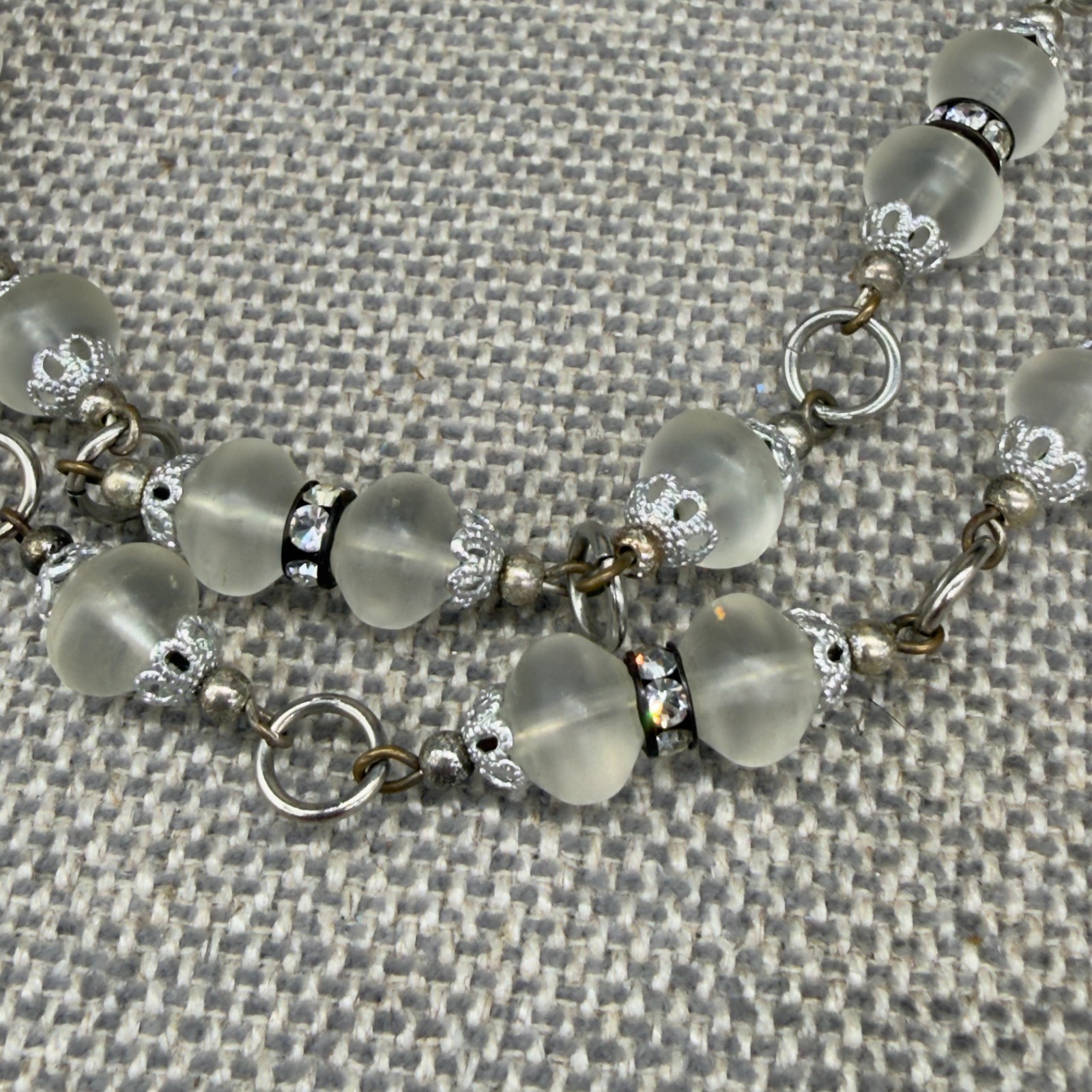 Vintage Earrings Bracelet 2 Necklaces Set Frosted Glass Beads Clear Rhinestones