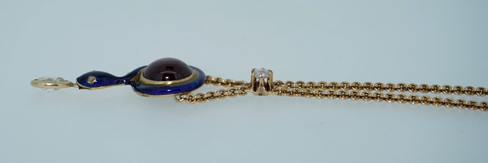 Antique 14K Enamel Snake With Diamonds & Garnet Necklace