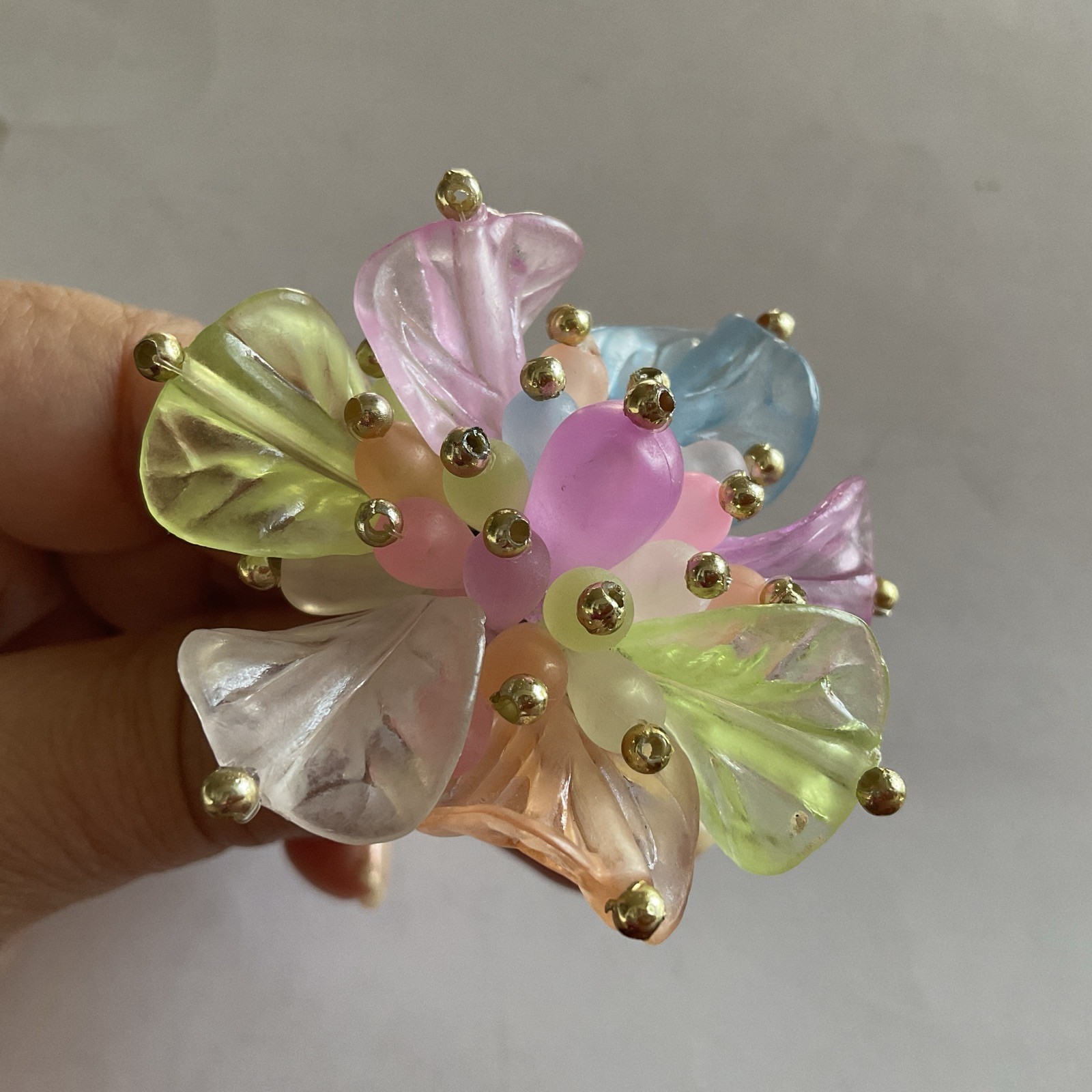 Vintage LUCITE ACETATE Large FLOWER EARRINGS PASTEL MULTI COLORS GOLD/T BEADS