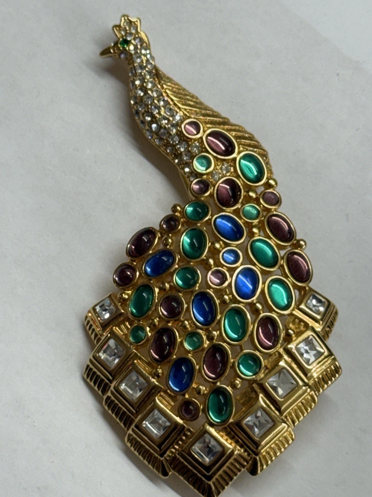 Vintage Nolan Miller Peacock Pin Brooch Goldtone Multicolored Crystals