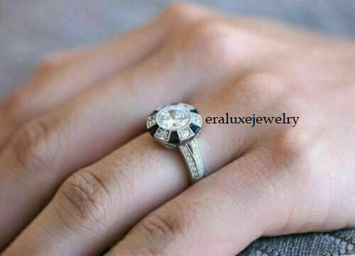 Art Deco Round Lab Created Diamond & Sapphire Wedding 14K White Gold Finish Ring