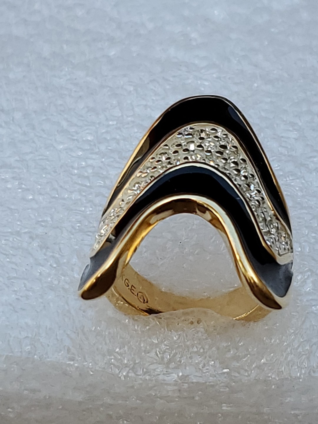Vintage 18K Yellow Gold Plated Black Enamel And Rhinestones Ring Size 8