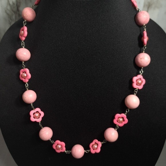 Vintage Handmade Women’s Necklace Pink Cotton Candy Natural Stones, Faux Pearls