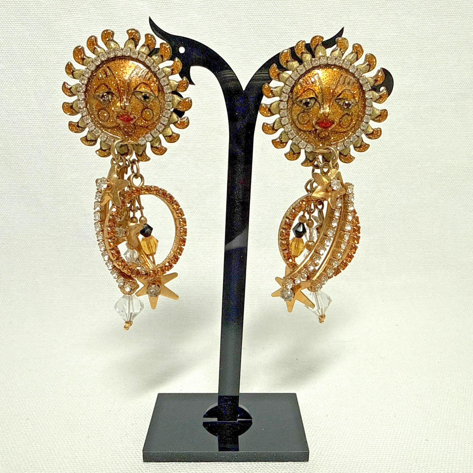 ” LUNCH at the RITZ ” Sun Goddess Solar Loops Swarovski Crystal Clip-on Earrings