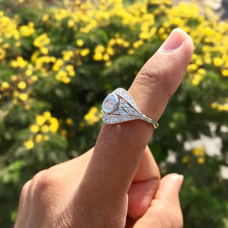 Art Deco Vintage Style Round Cut Lab Created Diamond Engagement 925 Silver Ring