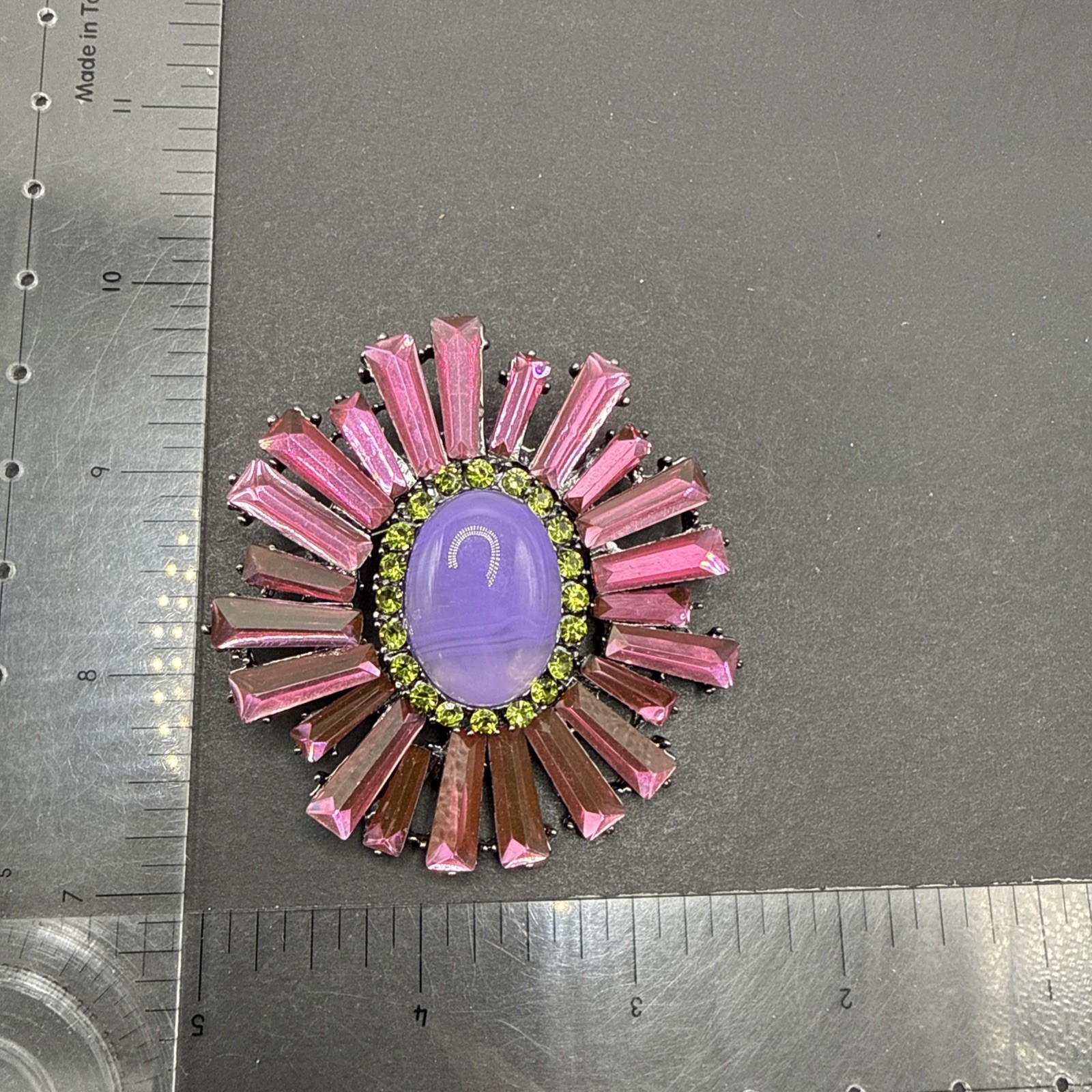 HUGE Brooch Pin Pink Purple Green Rhinestone Oval Ruffle J58