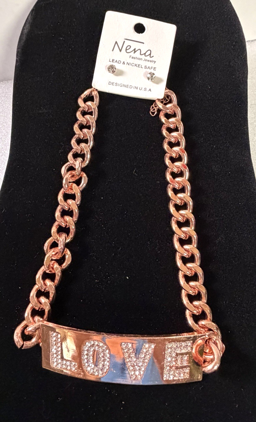 NENA Rose Gold-Tone Cuban Link Chain LOVE Plate Choker Necklace & Earrings Set
