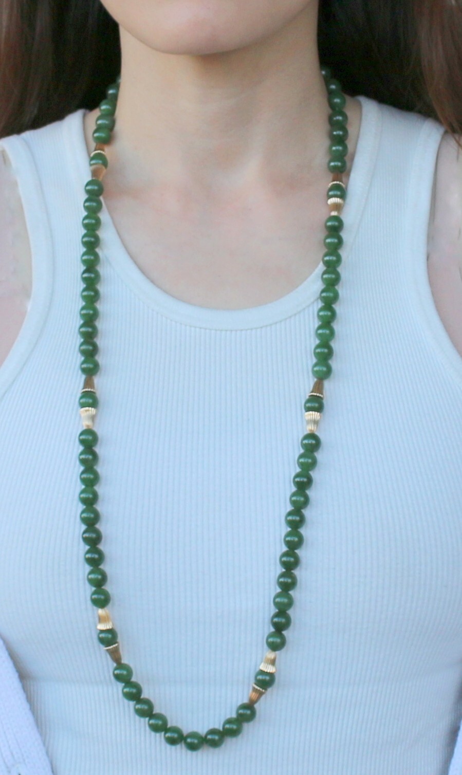 VTG 10mm Natural Nephrite Jade & Gold Plated Spacer Long Necklace 35″ 129.5g
