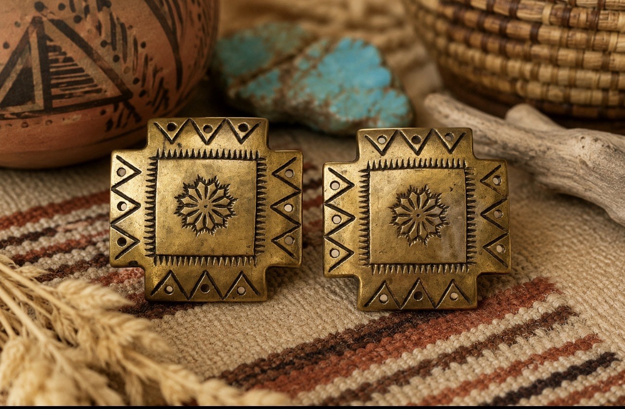 Vintage 1980s Gold Tone Southwestern Clip On Earrings Black Etched 1″ Square