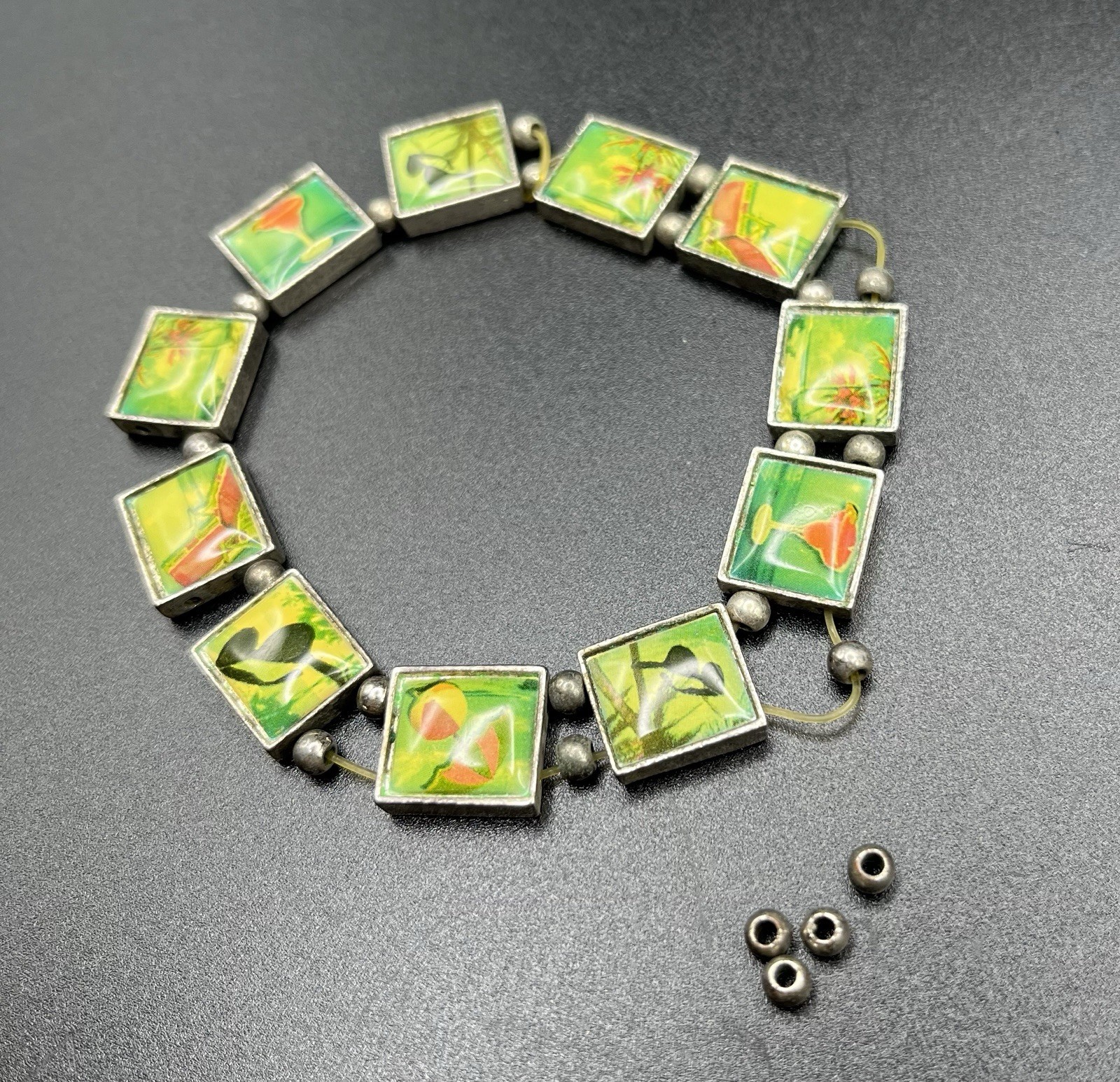 Vintage Resin Art Tile Bracelet Tropical Beach Summer Floral Silver Tone *BROKEN