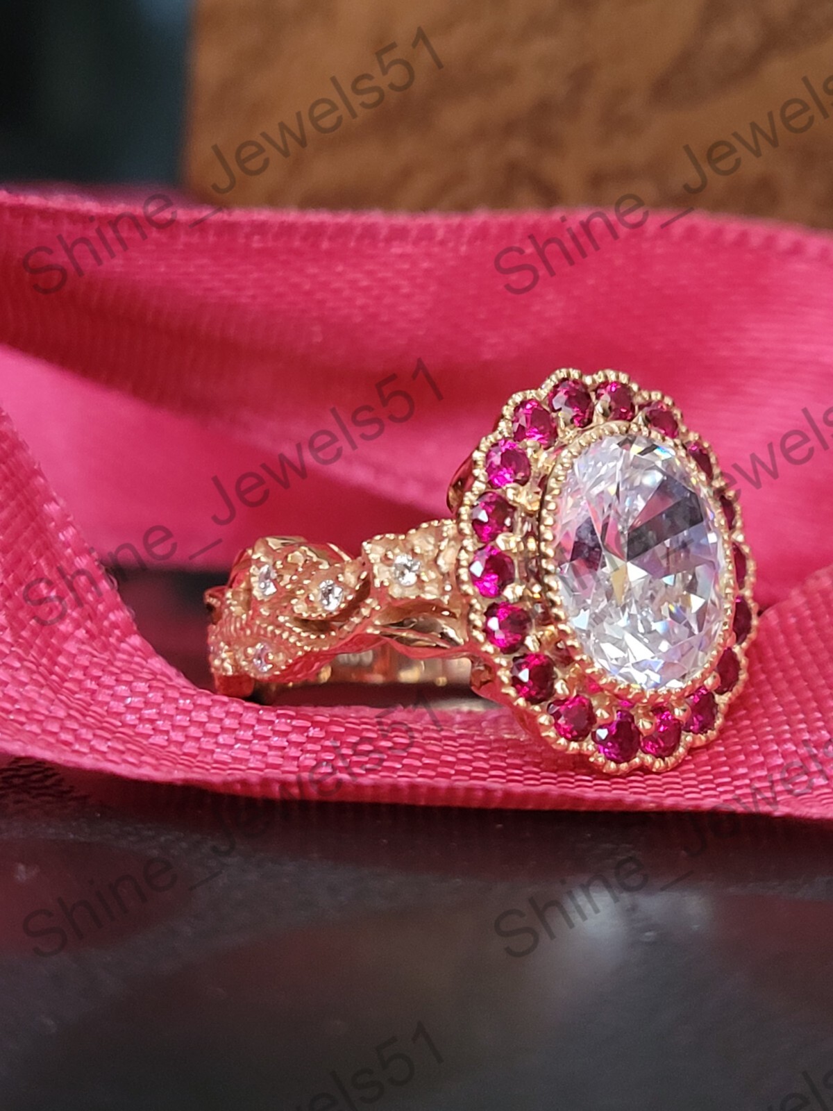 Art Deco Oval Cut Lab Created Diamond & Ruby Halo Wedding Bridal 925 Silver Ring
