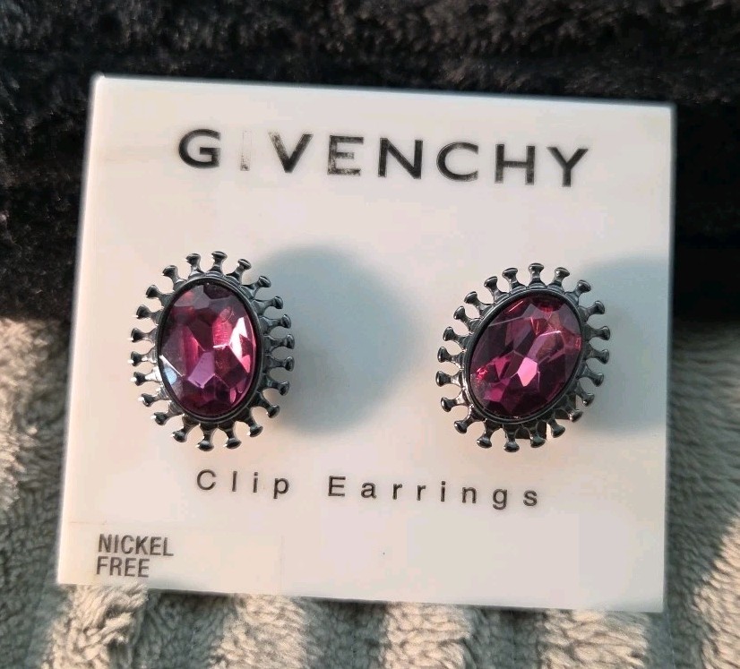 Vtg Givenchy New Purplish Stone Signed Clip On Nickel Free Statement Earrings