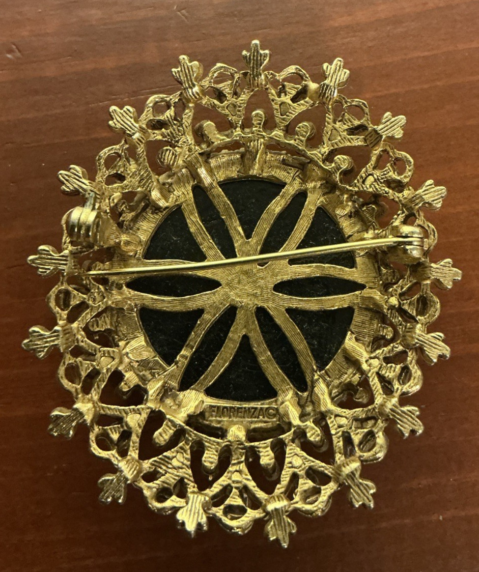 Victorian Florenza Victorian Revival Brooch Pin Filigree Black Glass Rhinestones