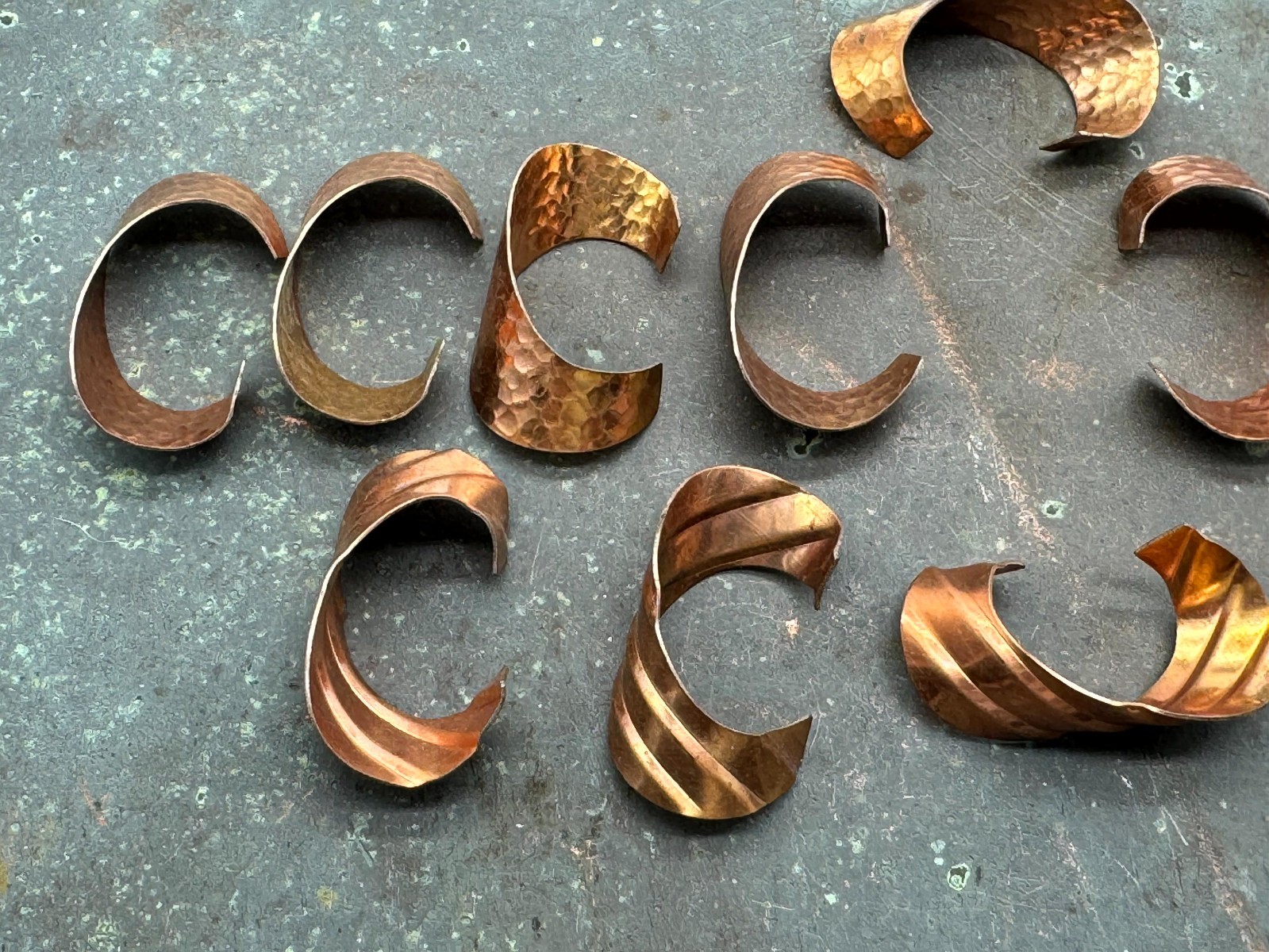Vintage Brass Copper Finish Textured & Lined Curls Jewelry Stamping Lot of 14