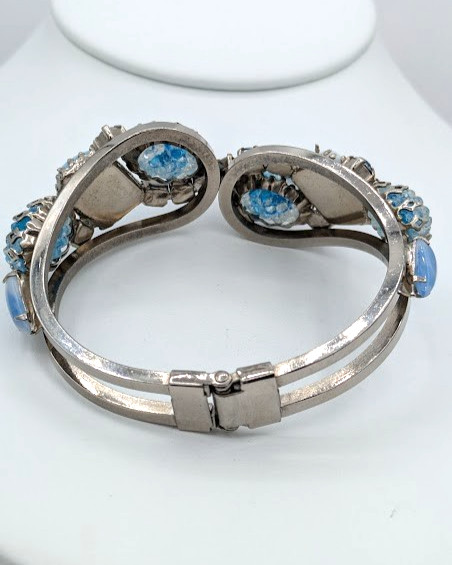 Vintage Rhinestone Clamper Bracelet Crackle Cabochon Blue Glass