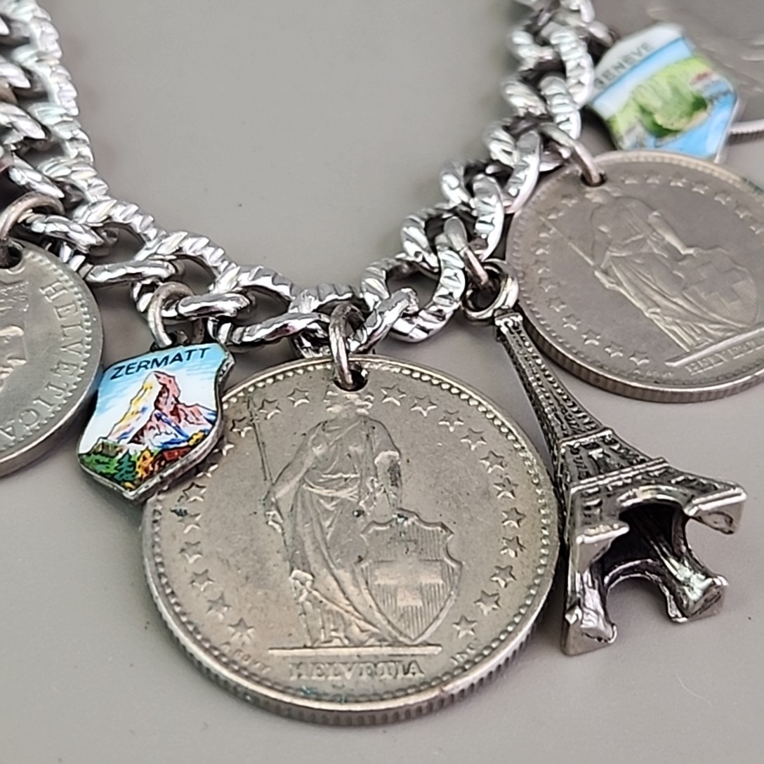 Vintage Coin Charm Bracelet Sterling Silver Plated Souvenir England France Franc