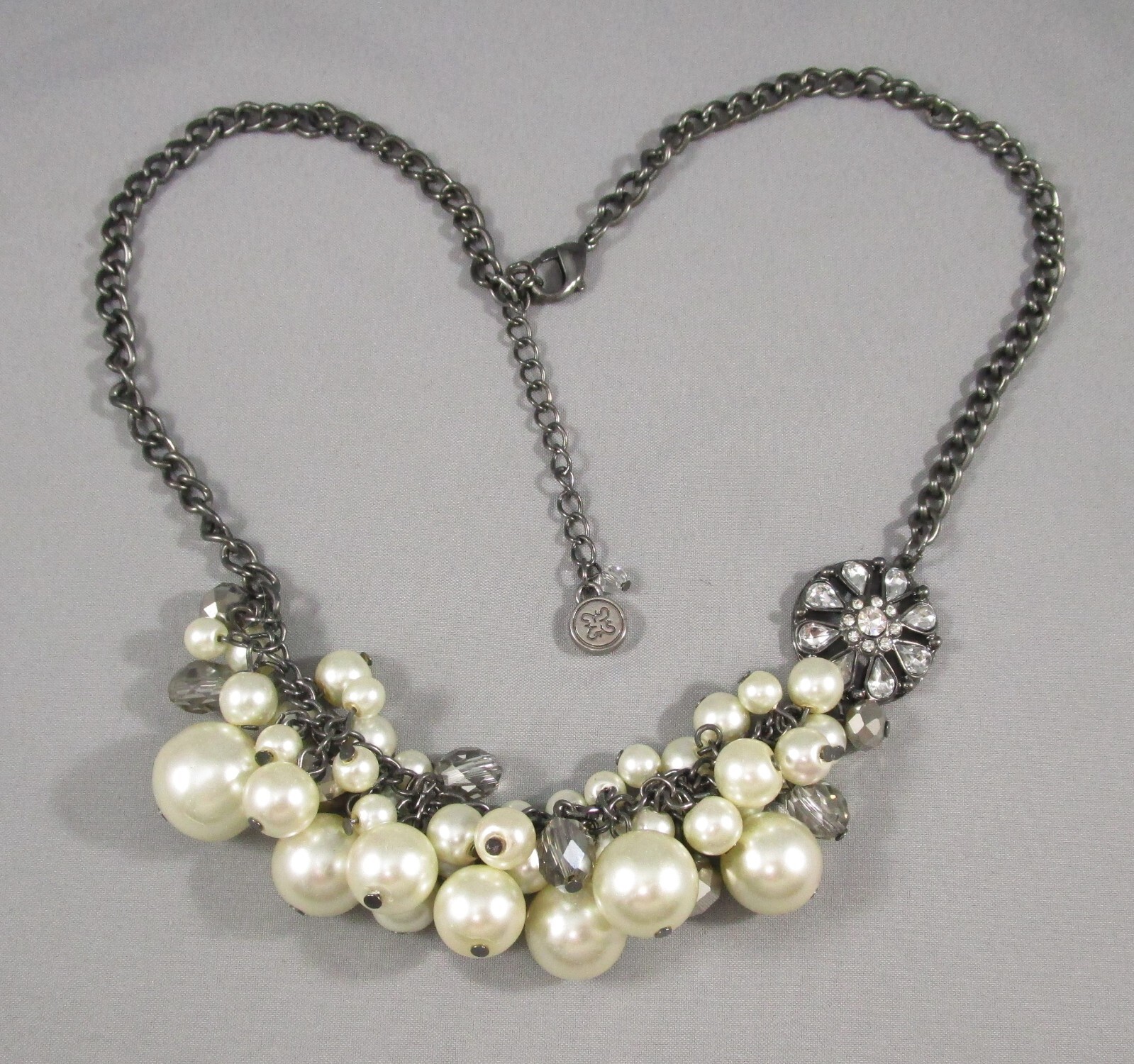 Unknown Designer Black w Cream Faux Pearl Cluster Rhinestones Necklace 5694