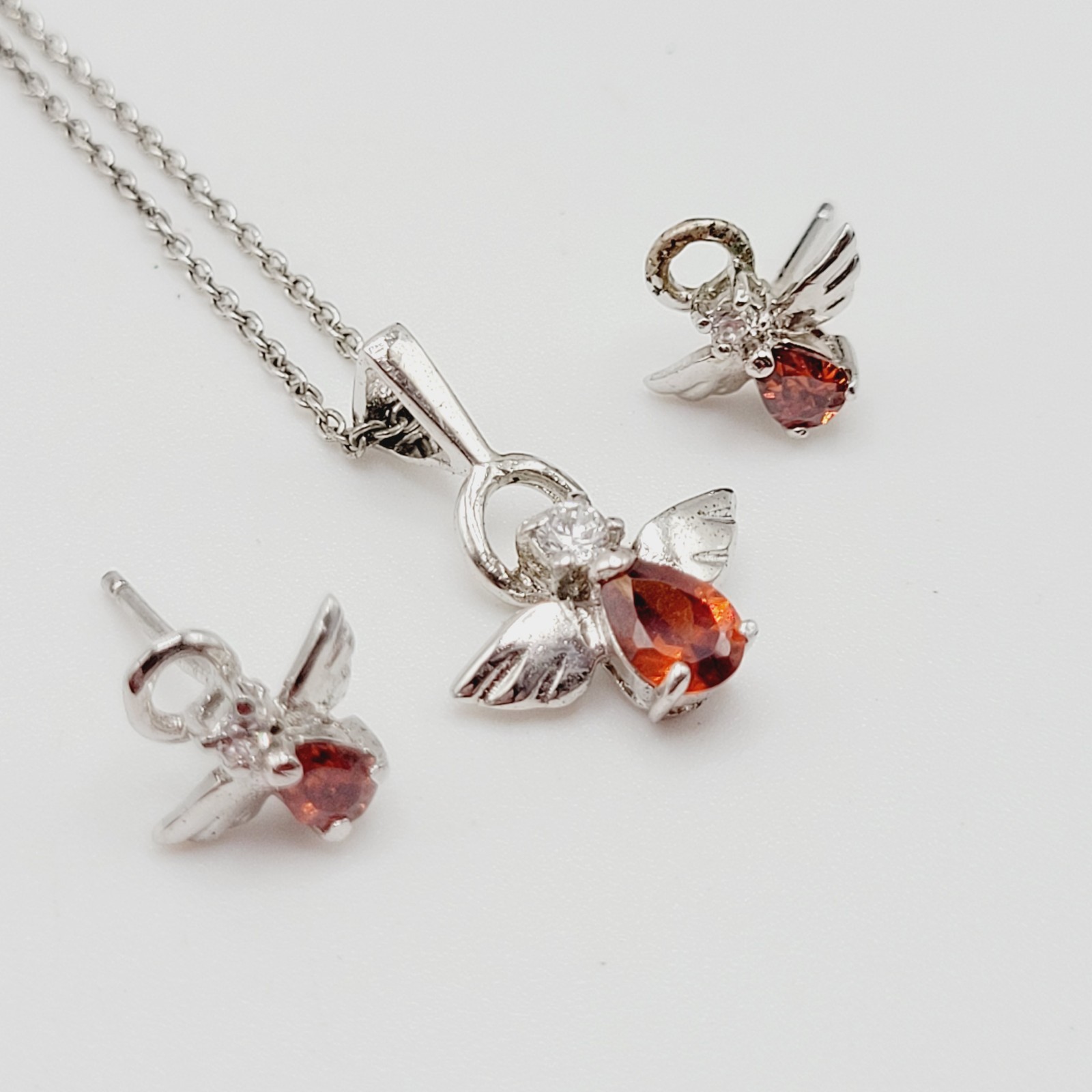 Red Rhinestone Guardian Angel Necklace Earring Set with Card Vintage 1990s