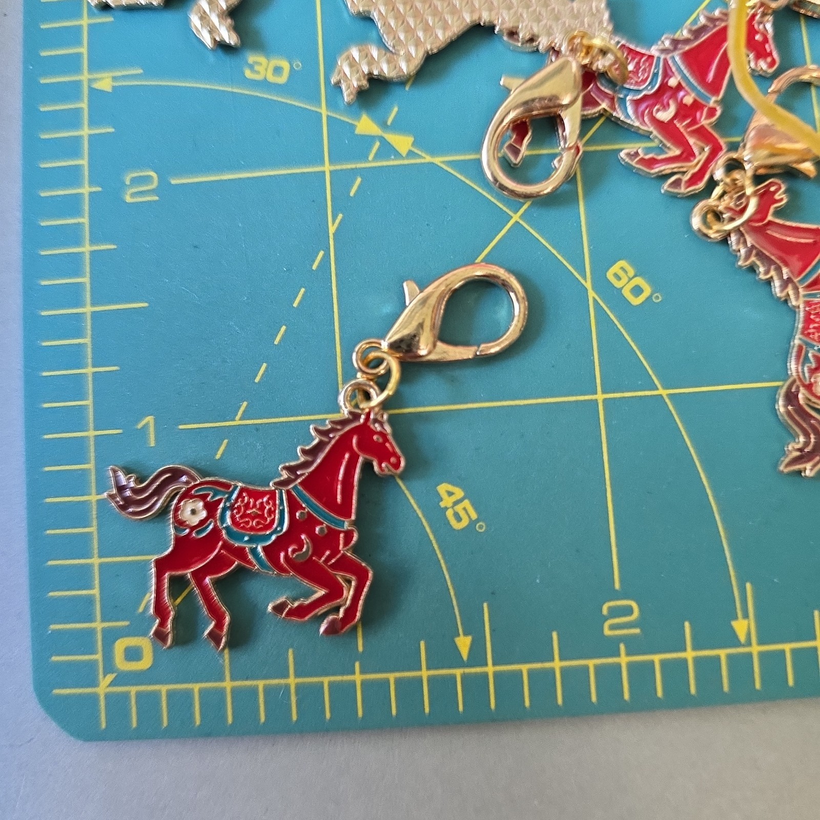 Vintage Lot Of 5 Cloisonne Red Horses Dangle Charms Pendants