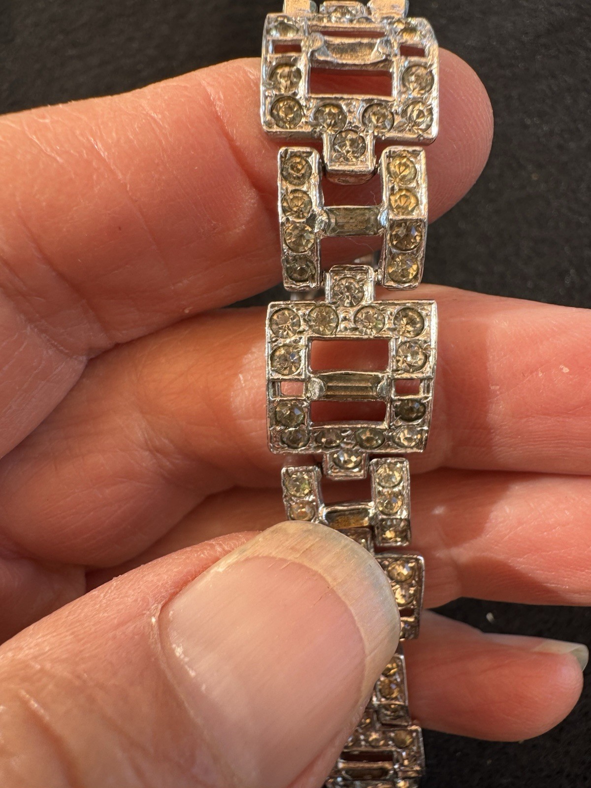 VTG ART DECO Style Rhodium Plated Baguette Rhinestone Link Bracelet 7.5″L BLING!