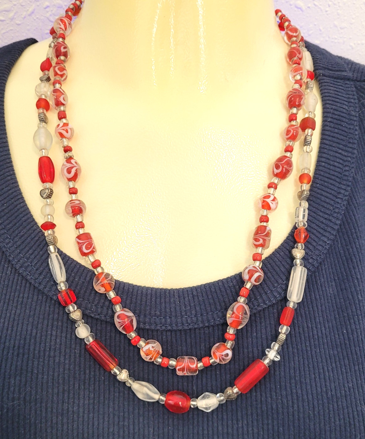 Vintage Red Clear Glass Bead Necklaces 21″ and 23″