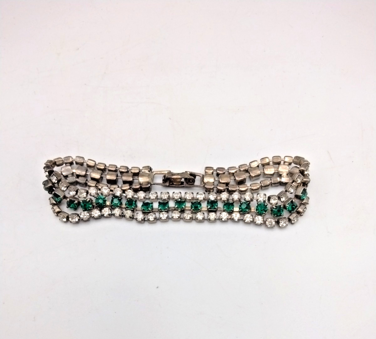 Vintage Emerald Green Rhinestone Bracelet Silver Tone Art Deco Tennis Glass 6.5″