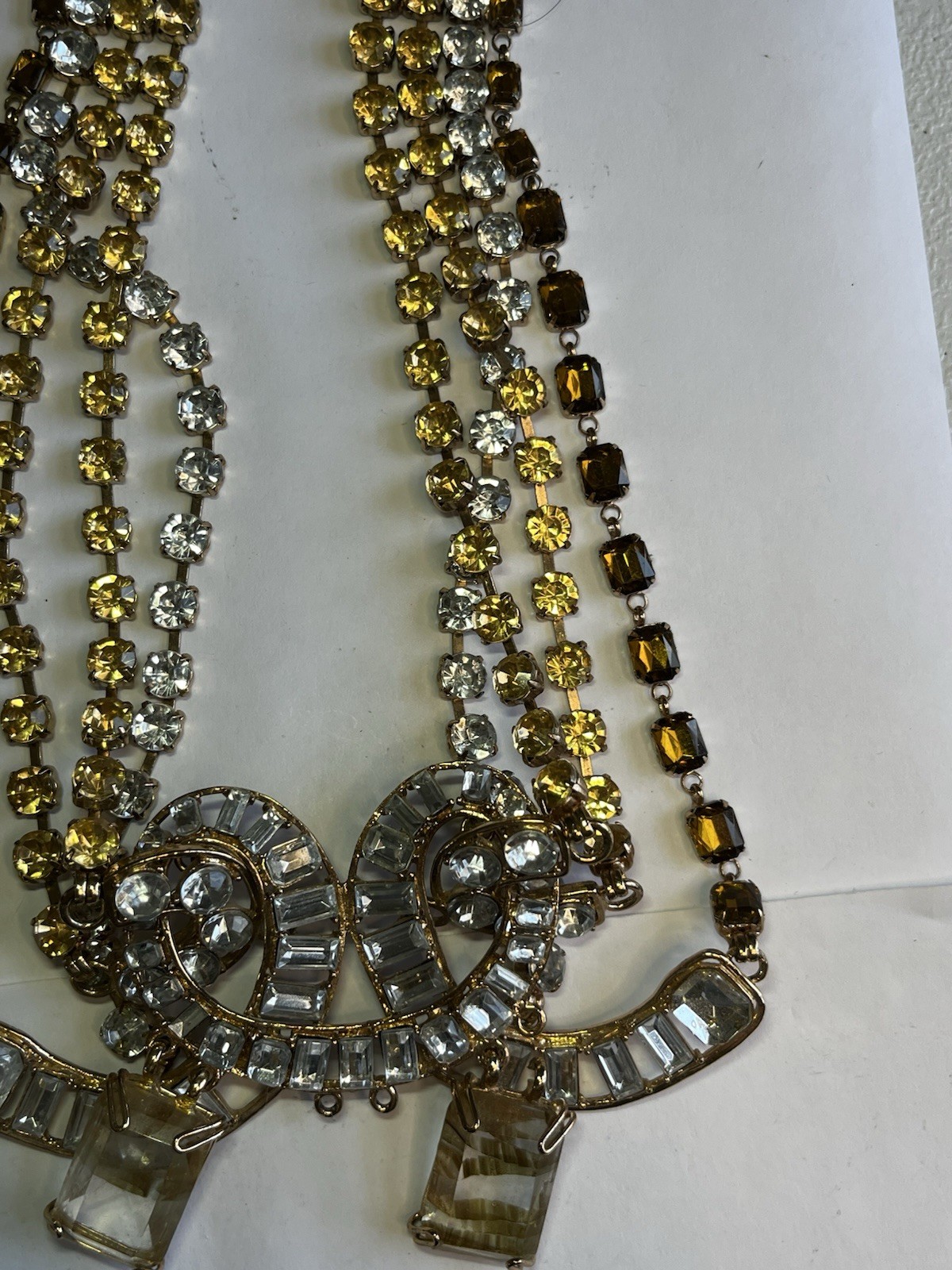 Spectacular Statement Gold Tone Bib Necklace 4 Strand Amber Smokey Clear!!!