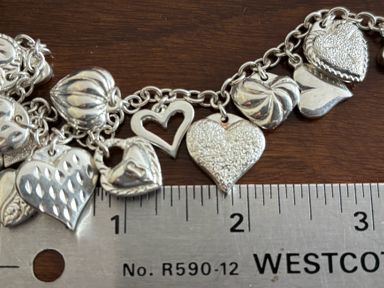 Vintage JCM Mauritius Sterling Silver Puffy Hearts Charm Bracelet 7in 22g (25-12