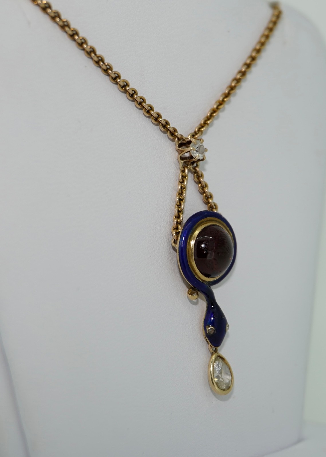 Antique 14K Enamel Snake With Diamonds & Garnet Necklace