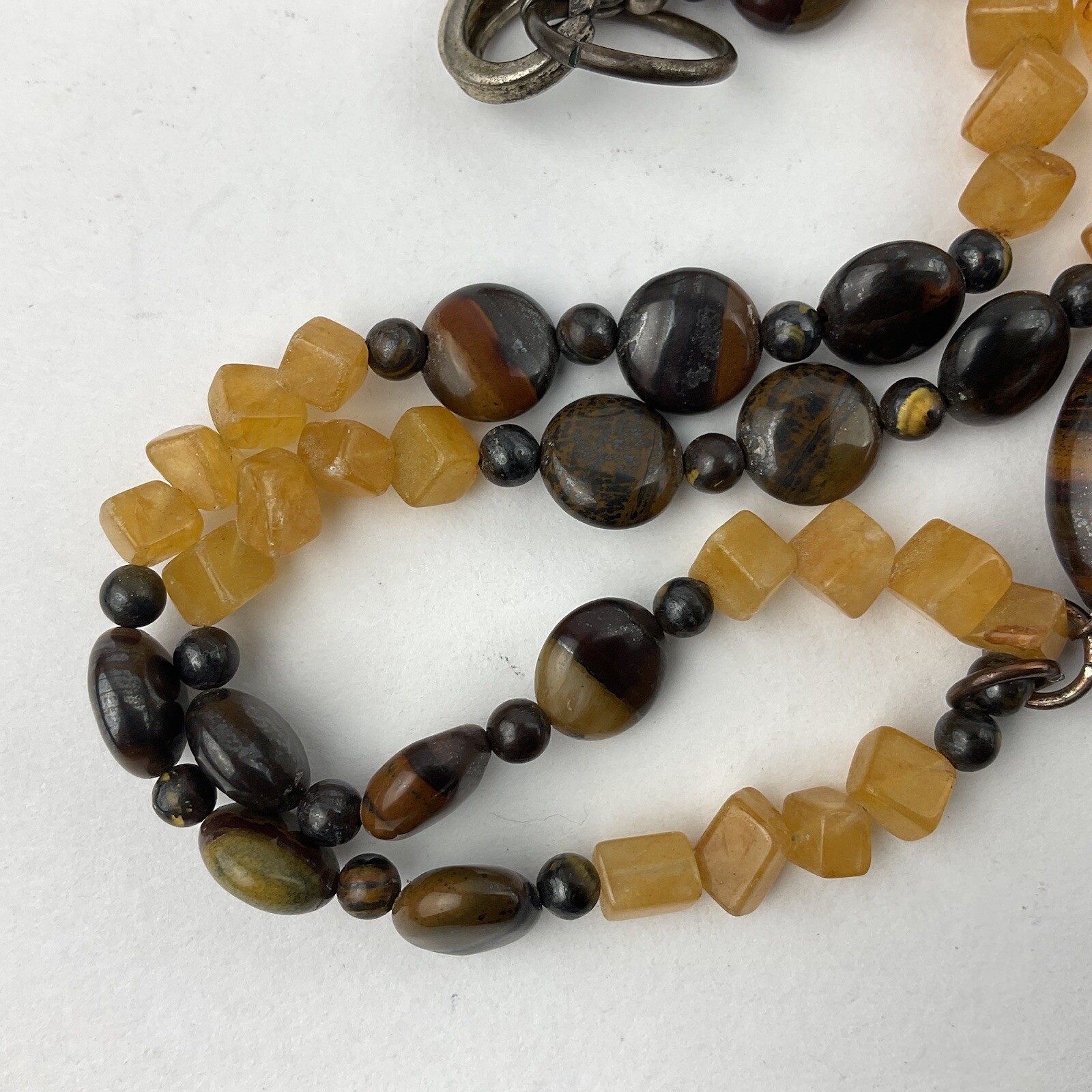 Vtg Genuine Brown Gold Tiger Iron Pendant Yellow Citrine Beaded Necklace Sz 17″