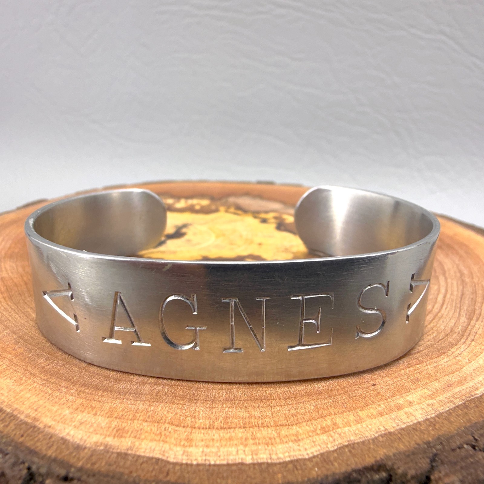 Vintage ID Cuff Bracelet Silver Tone Agnes