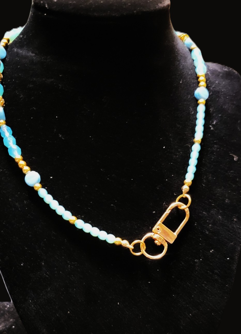 Uranium blue glass beads with Turquoise Czech glass bead toggle choker necklace