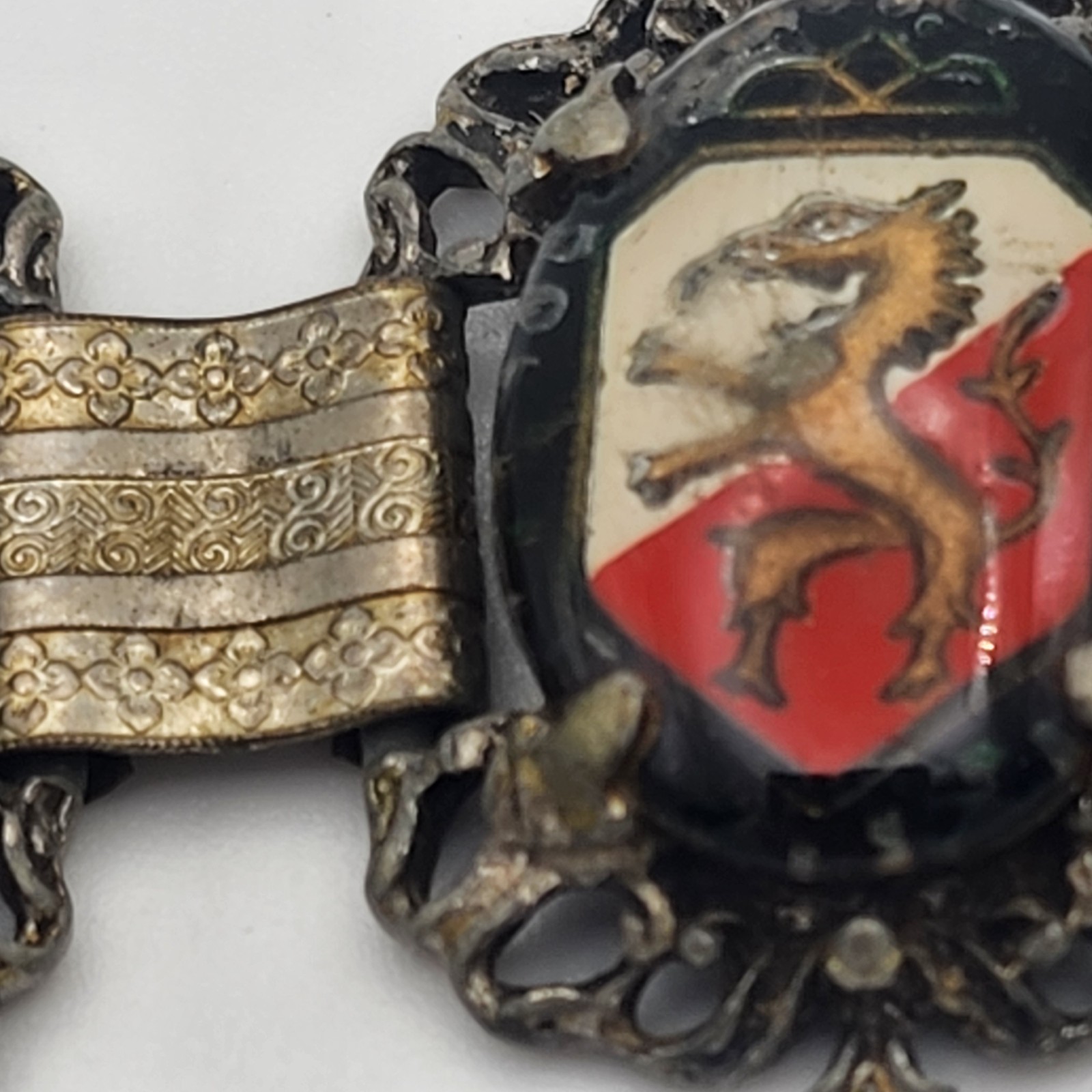 VTG Heraldic Medallion Panel Link Bracelet 7.5in Silver Tone Griffin Crest Goth