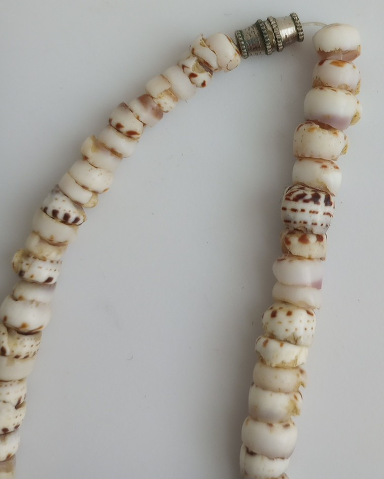 TIGER PUKA SHELL Necklace Vtg Hawaiian Barrel Clasp surfer 6-7mm, 16.75″, 30g