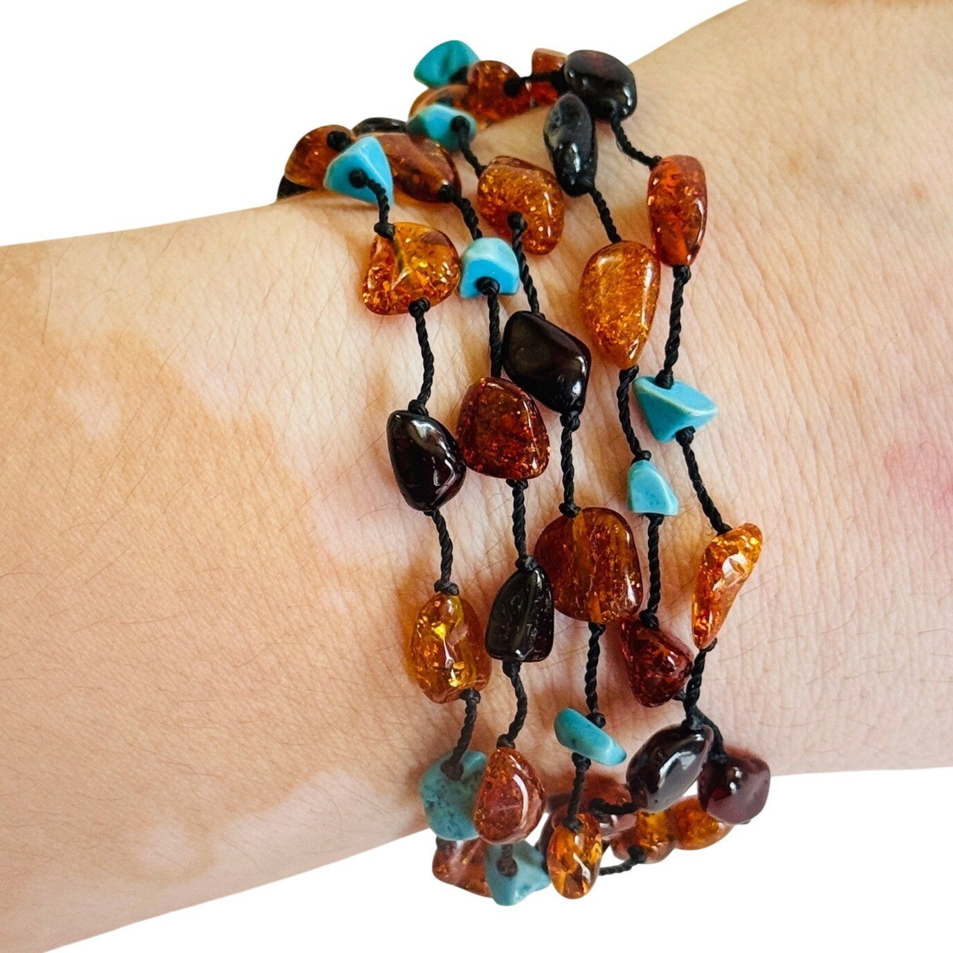 Baltic Amber Turquoise Bracelet multi strand BOHO Genuine Natural Beads 6.5″L