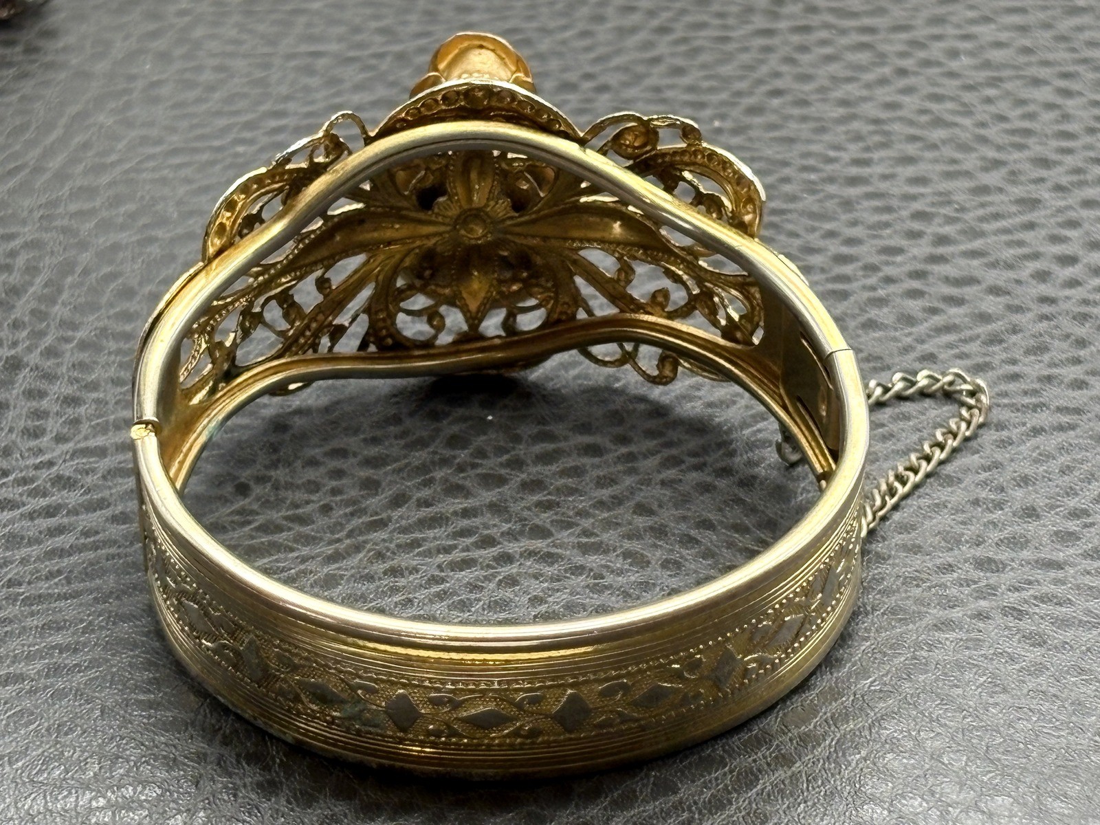 Vintage Gold Tone Filigree Bangle Bracelet Pearl Accents Rose Motif Hinged