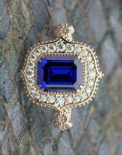 Art Deco Style Lab-Created Diamond & Sapphire Engagement 14K White Gold FN Ring