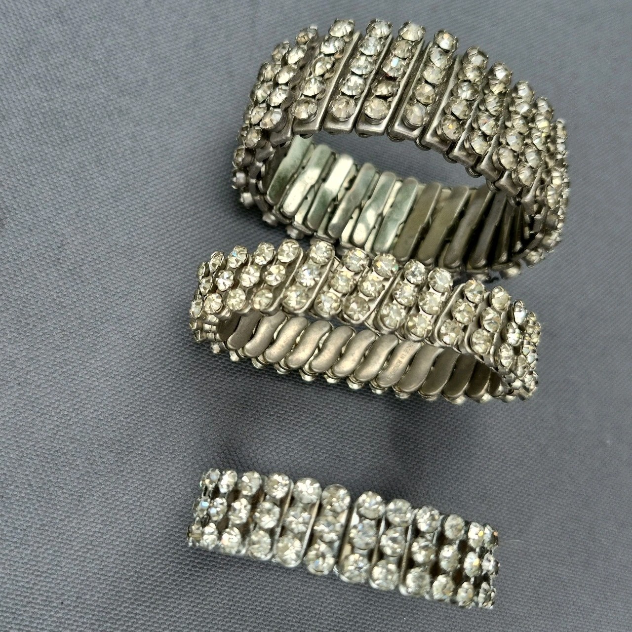 3 Vintage Rhinestone Expansion Bracelets Mid Century Stackable Japan Hong Kong