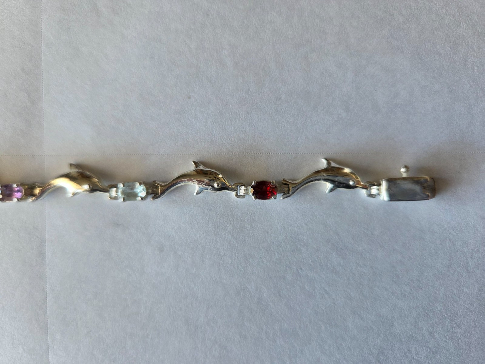 Sterling Silver Vintage 925 Dolphin Link Multi-Stone Bracelet