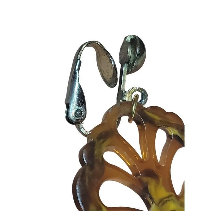 Vintage Tortoise Shell Resin Clip On Earrings Openwork Floral Plastic Dangle