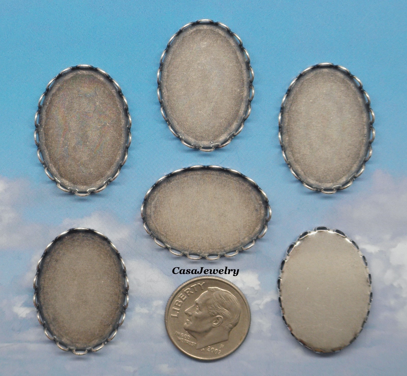 #1151 ANTIQUED .925 STERLING SILVER PLATED LACE BORDER 25x18MM BEZEL – 6 pcs