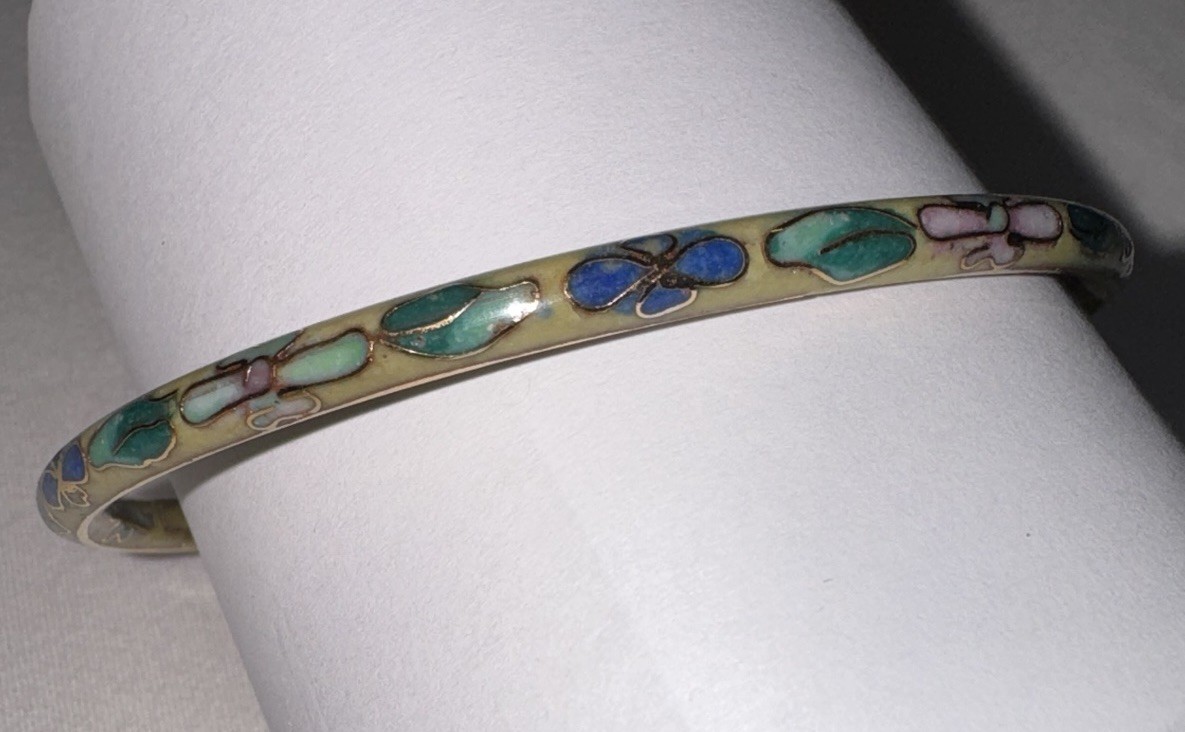 Vintage Cloisonne Floral Bangle Bracelet Enamel Gold Tone Yellow Green Pink Blue